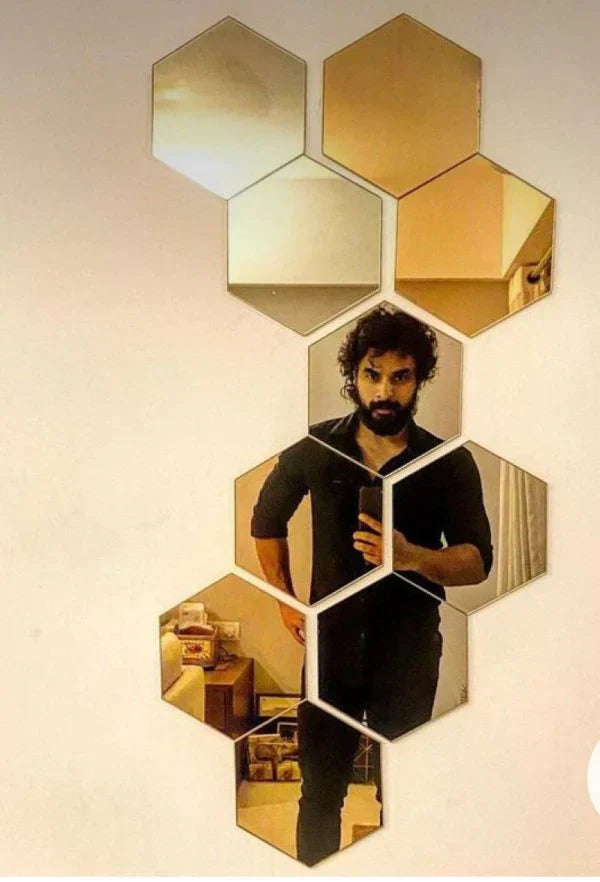 Hexagon Shape Acrylic Mirror Wall Stickers (10 Pc Set)